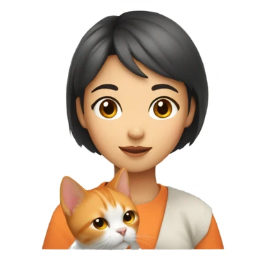 An asian girl with short hair holding an orange cat sticker