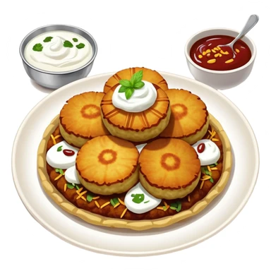 Aloo Tikki Chaat, Indian street food with potato patties, yogurt, and chutneys sticker