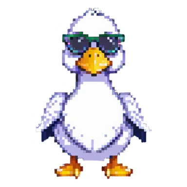 pixel art style duck inspired by the DuckDice logo, wearing sunglasses, playful pose sticker