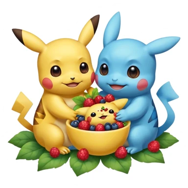 Two Pokémon are playing in a field. Pikachu has many berries, but Squirtle has none. Pikachu sees this is unfair, so he shares the berries with Squirtle. They smile and eat together. Show this as a cute Pokémon emoji scene about justice and fairness. sticker