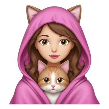 girl with long wavy brown hair, brown eyes, long lashes makeup, sexy pink lips, light to medium complexion, wearing a pink sexy silk top, big blanket over the head cozy holding a cat, no cat earn on the hood sticker