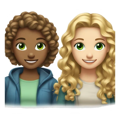 two girl hanging out, one with curly blonde hair and blue eyes and the other one with long brown hair and green eyes, both smiling sticker