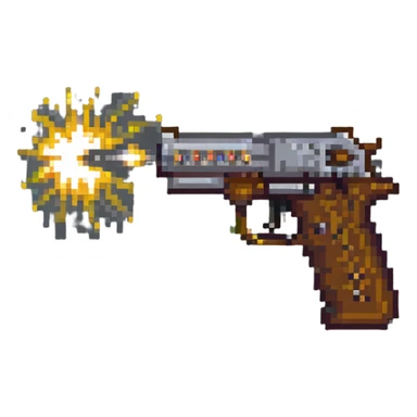 Pixel art pistol firing with muzzle flash sticker