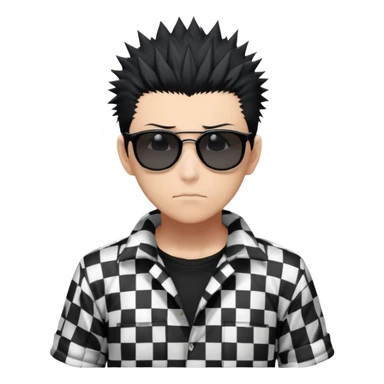 Satoru Gojo from Jujutsu Kaisen with spiky black hair, wearing black and white checkered shirt with rolled-up sleeves, black pants, confident expression, sunglasses on top of head, one hand in pocket sticker