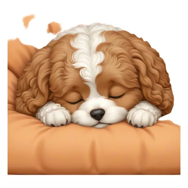Cinematic Meme-Worthy cute Sleeping Cavoodle Portrait Emoji, Head resting peacefully with a contented smile, showcasing a delightfully cute build and a luxuriously soft, curly apricot coat with gentle white accents, eyes shut in a serene nap, Simplified yet hilariously adorable features, highly detailed, glowing with a soft, drowsy light, high shine, relaxed and utterly lovable, stylized with an air of playful laziness, bright and heartwarming, soft glowing outline, capturing the essence of a comically sleepy Cavoodle, so meme-worthy it feels like it could instantly become the next viral sensation of adorable slumber! sticker