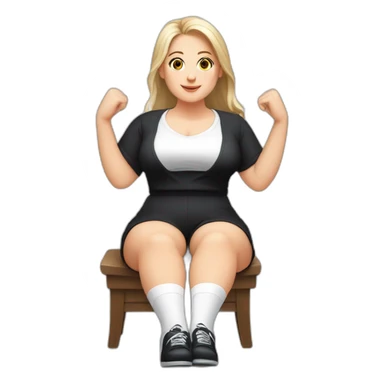 Front view full body curvy caucasian beauty sitting straight hands up black skirt white knickers white socks sticker