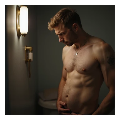 realistic 4K photographic style man in front of a mirror observing his belly with a worried look sticker