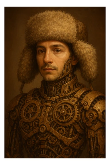 Stylized portrait of Mateo with a mechanical body and a fur shapka hat, artistic and detailed sticker