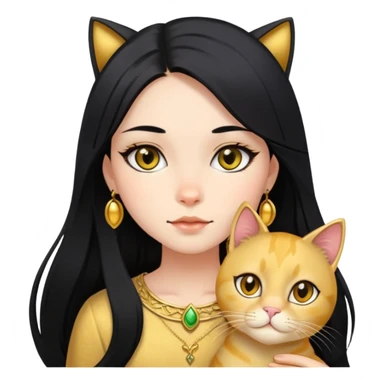 long black hair girl with BLACK eyes with gold cat sticker