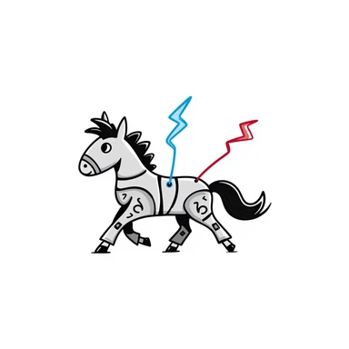 fast electric horse made of electricity, metal plates, bolts, visible blue and red wires, lightning coursing through its body, mechanical look sticker