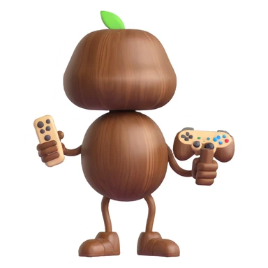 A standing walnut holding a game controller sticker