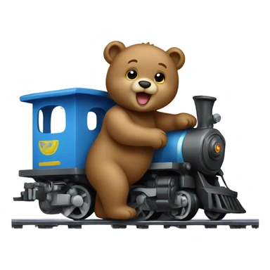 Baby bear playing with a train sticker