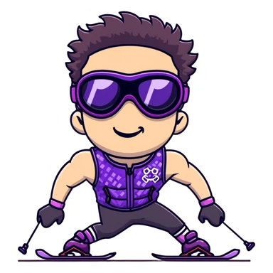 close-up of bad guy male athlete with white skin and moderately curly dark brown hair on top with shaved sides, wearing ski goggles with purple frames and very dark black lenses, a simple plain black chain necklace, and a completely unzipped sleeveless vest with purple and black sequin fire pattern design with no logo, pulling his tongue out very far in an exaggerated mocking gesture, looking menacing and villainous sticker