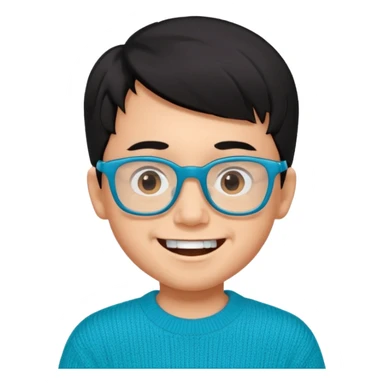 Chico de 7 años, pelo negro y repeinado, piel oscurita pero no mucho, gafas rectangulares azules, sonriente sin 1 diente, jersey verde turquesa y ojos algo rasgados sticker