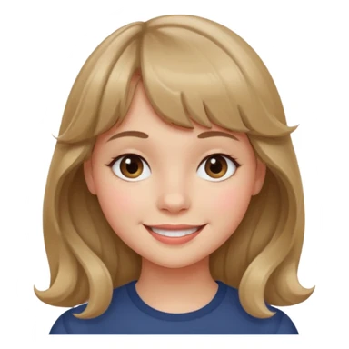 A girl with wavy, dark blonde hair, straight bangs, and straight eyes. She is smiling. sticker