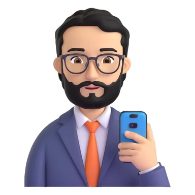 same professional man with medium black beard, neat black hair, connected unibrow, olive tan skin, brown eyes, glasses, prominent nose, in business casual attire, looking at mobile phone screen sticker