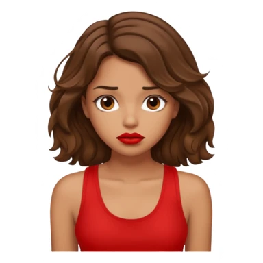 generate a pretty tan bratz girl with brown wavy hair long wearing a red tank top, red lipstick. Looking sad sticker