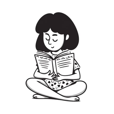 Cute girl sitting cross-legged reading from an open notebook with concentration sticker