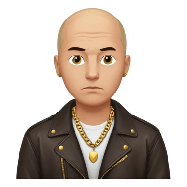 Bald Russian 1990s gangster emoji, leather jacket, gold chain, serious face sticker