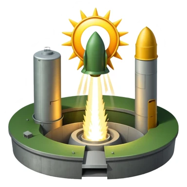 green landscape with sun in top of the background, there is a grey missile silo hatch open, and the top two thirds of a white nuclear missile launching out of the silo is shown sticker