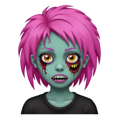 girl, zombie, pink coily hair, medium long, emo, shaggy, dark, spooky, piercing on eyebrow, colourful teeth, creepy blank expression sticker