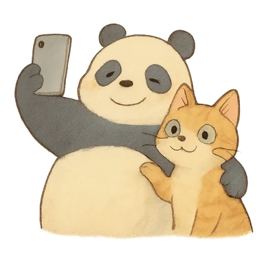 ghibli style panda and cat taking a selfie together with soft colors sticker