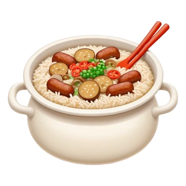 Guangdong clay pot rice with toppings and sauce, simplified emoji style with bold outlines and bright colors, cartoon style Cantonese Bo Zai Fan sticker