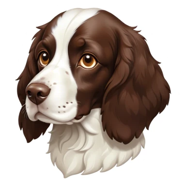 Cinematic Noble Springer Spaniel Portrait Emoji, Poised and regal, with a medium build and a glossy, well-groomed Fur of rich liver and white, deep-set soulful brown eyes, Simplified yet sharp and sophisticated features, highly detailed, glowing with a soft, dignified glow, high shine, intelligent and alert, stylized with an air of grace, focused and attentive, soft glowing outline, capturing the essence of a watchful and confident companion, so majestic it feels as though it could bound out of the screen with effortless authority! sticker