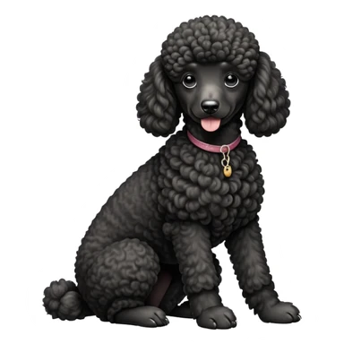 cinematic-[poodle]-realistic-full-body-sitting-emoji,-tail-resting-loosely-beside-its-paws,-head-tilted-dramatically, -curly-[black]-fur,-simplified-yet-realistic-focused-features,-highly-detailed,-glowing-with-an-almost-sarcastic-glow sticker