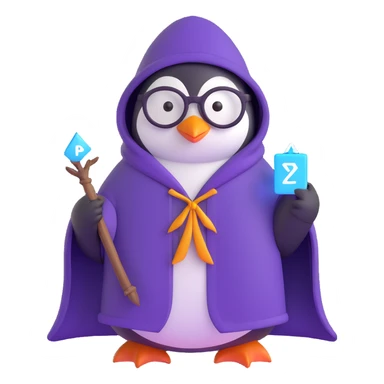 penguin wizard with glasses, purple cloak, surrounded by magical runes, enchanting sticker