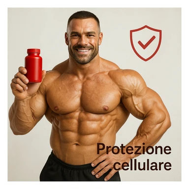 hyper realistic bodybuilder with astaxanthin and shield symbol, sculpted muscles, red bottle, text 'Protezione cellulare', positive atmosphere, light background sticker