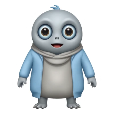 ..it has 1 eye....stands upright ...wears clothing. is light grey and light blue..looks happy and cuddly... doesnt have a full head.... there is a appendage coming out of top of body with a single large eye sticker