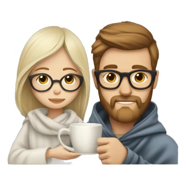 Pale blonde girl wearing glasses and bearded brown haired man drinking tea under blanket sticker