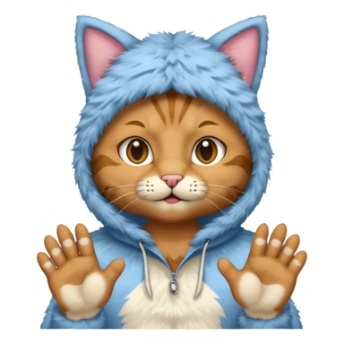 A man wearing cat clothes  and showing his paws sticker