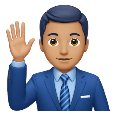 man in a blue suit with tie, waving sticker