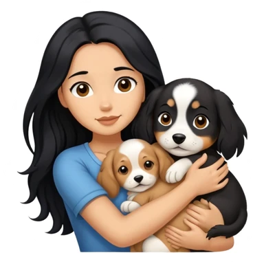 A woman with long black hair hugs a puppy tightly sticker