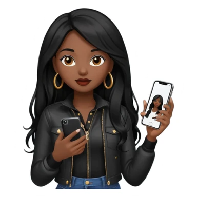 influencer girl black long haired, phone in hand, recording herself, confident, trendy, sticker