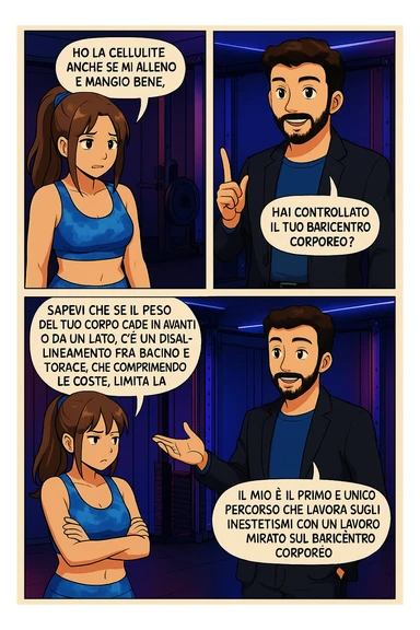 PRENDI SPUNTO DA QUESTO STILE FACENDO UN WEBTOON/MANGA:

LEI: Ho la cellulite anche se mi alleno e mangio bene, cosa posso fare?

LUI: Hai controllato il tuo baricentro corporeo?
LUI: Sapevi che se il peso del tuo corpo cade in avanti o da un lato, c’è un disallineamento fra bacino e torace, che comprimendo le coste, limita la motilità del diaframma e l’ossigenazione dei tessuti?
LUI: Il mio è il primo e unico percorso che lavora sugli inestetismi con un lavoro mirato sul baricentro corporeo. sticker