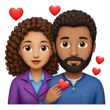 pareja de Mujer morena rizada cabello largo castaño ojos oscuros y hombre blanco con cabello negro corto con barba y ojos marron alrededor de la pareja corazones sticker