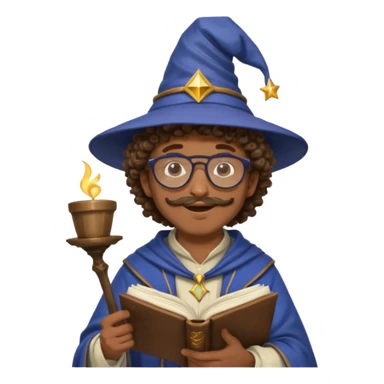 A Joyful Adult Male with Brown skin and Curly hair, wearing a Traditional outfit, a Wizard hat, Sunglasses, carrying a Spellbook, working as a farmer, while drinking Coffee and reading a Textbook. sticker