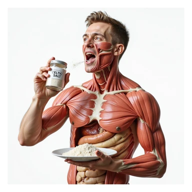 hyperrealistic 4K medical illustration of an anatomically accurate human body holding a jar labeled 'CELTIC SALT', throwing salt into his mouth during breakfast, neutral clear background, extremely detailed and realistic sticker