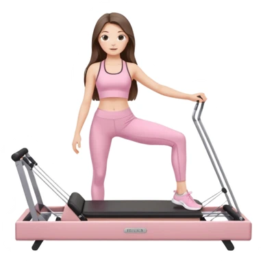 pretty white brunette teen long hair with hazel eyes and a small waist in light pink workout clothes on a pilates reformer sticker