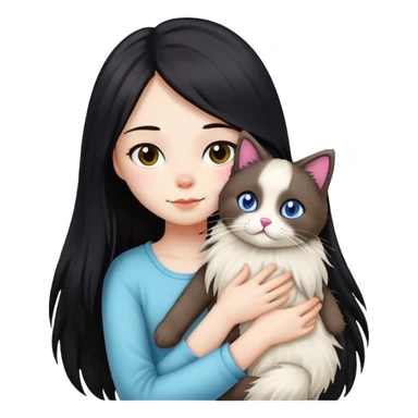 Girl with straight black long hair hugging a colorpoint ragdoll plush toy and a tricolor long-haired cat sticker