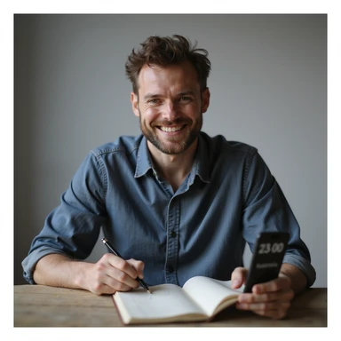 hyperrealistic 4K image of a man marking in a journal the completion of a 23-hour fast, smartphone with timer '23:00', satisfied and relaxed expression, minimalist environment sticker
