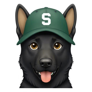 Black German shepherd wearing a Michigan state spartan hat sticker