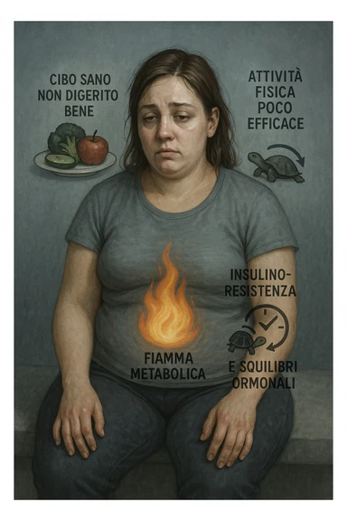 Donna tra i 25 e i 35 anni con fisico leggermente gonfio e postura affaticata, seduta con sguardo stanco. In trasparenza sul suo corpo, si vedono elementi simbolici: una fiamma metabolica molto piccola nel centro dell’addome, una tartaruga accanto a un simbolo di orologio rallentato, indicatori visivi di insulino-resistenza e squilibri ormonali. Intorno a lei: cibo sano non digerito bene, attività fisica poco efficace. Colori spenti attorno al corpo, con toni freddi e lentezza visiva. Stile realistico con elementi infografici e simbolici integrati IN ITALIANO sticker
