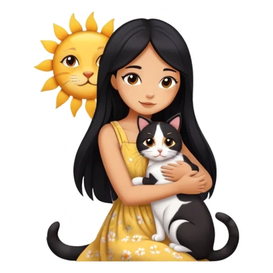A beautiful girl with long black hair wearing a sun dress hugs a calico sticker