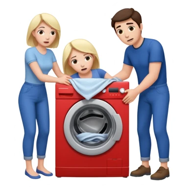 Eine Frau mit dem in der Waschmaschine feststeckt und zwei Männer die hinten an ihr ziehen um ihr zu helfen  sticker