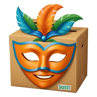 a box and a carnival mask in orange, blue and green on top of it , trying to make a carnival pack sticker