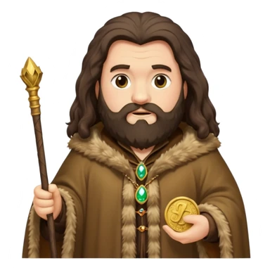 A rich, opulent version of Hagrid with a jeweled cane and a fur-lined cloak, surrounded by gold coins, emoji style sticker